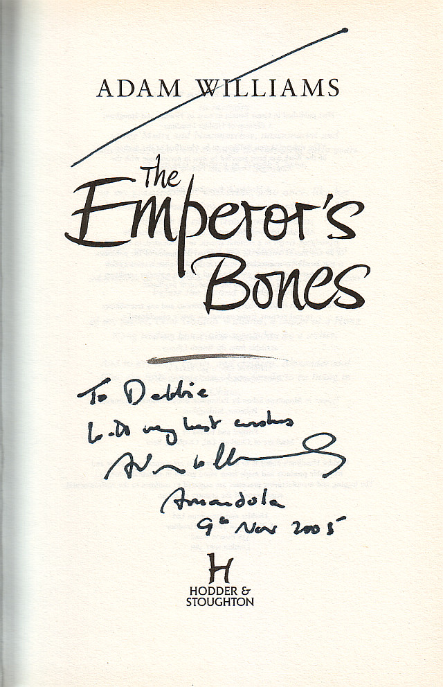 Signed title page of The Emperor's Bones by Adam Williams