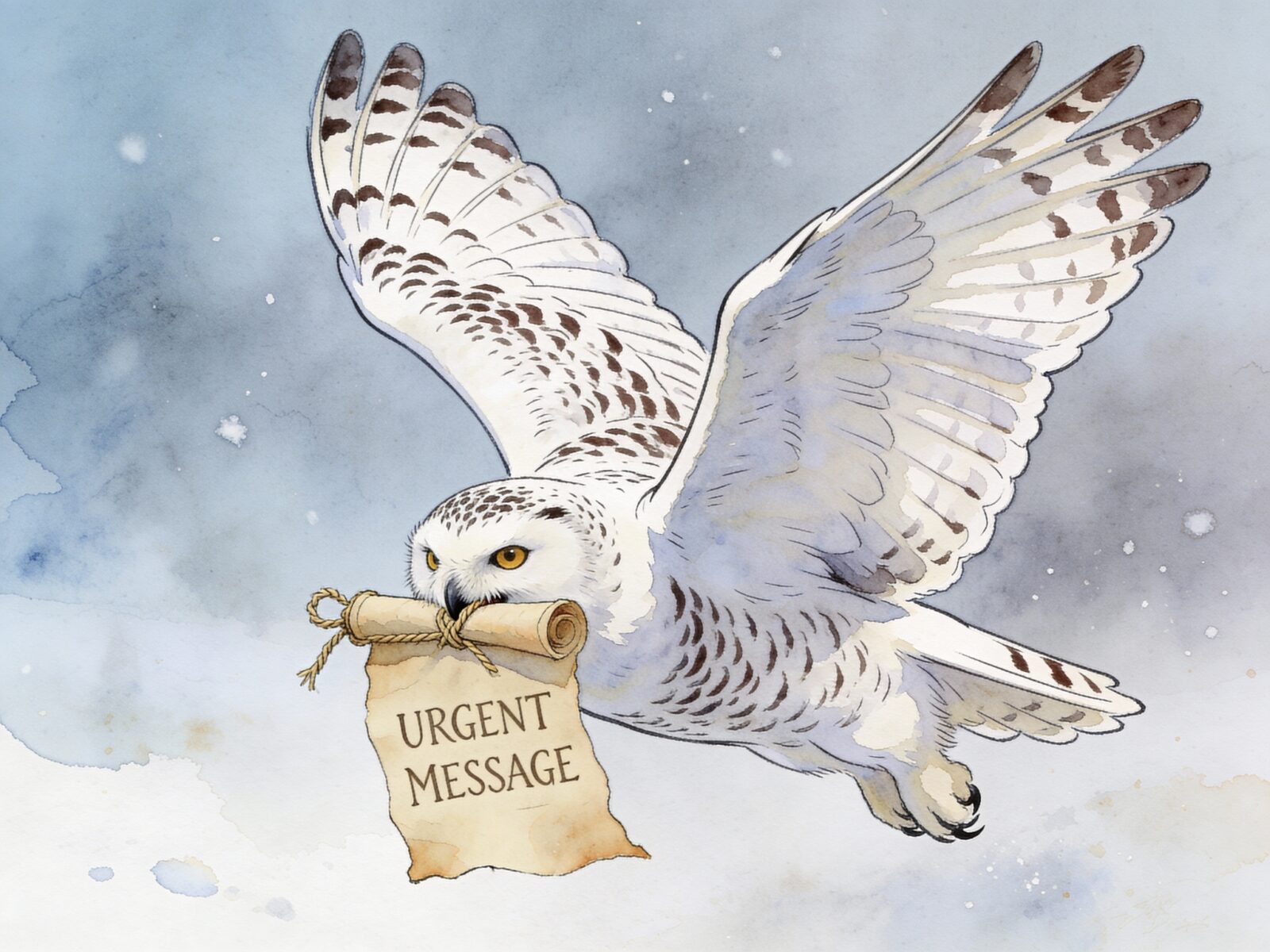 Harry Potter inspired illustration of snowy owl in flight