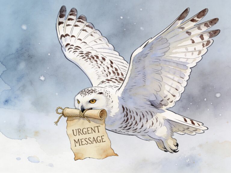 Harry Potter inspired illustration of snowy owl in flight