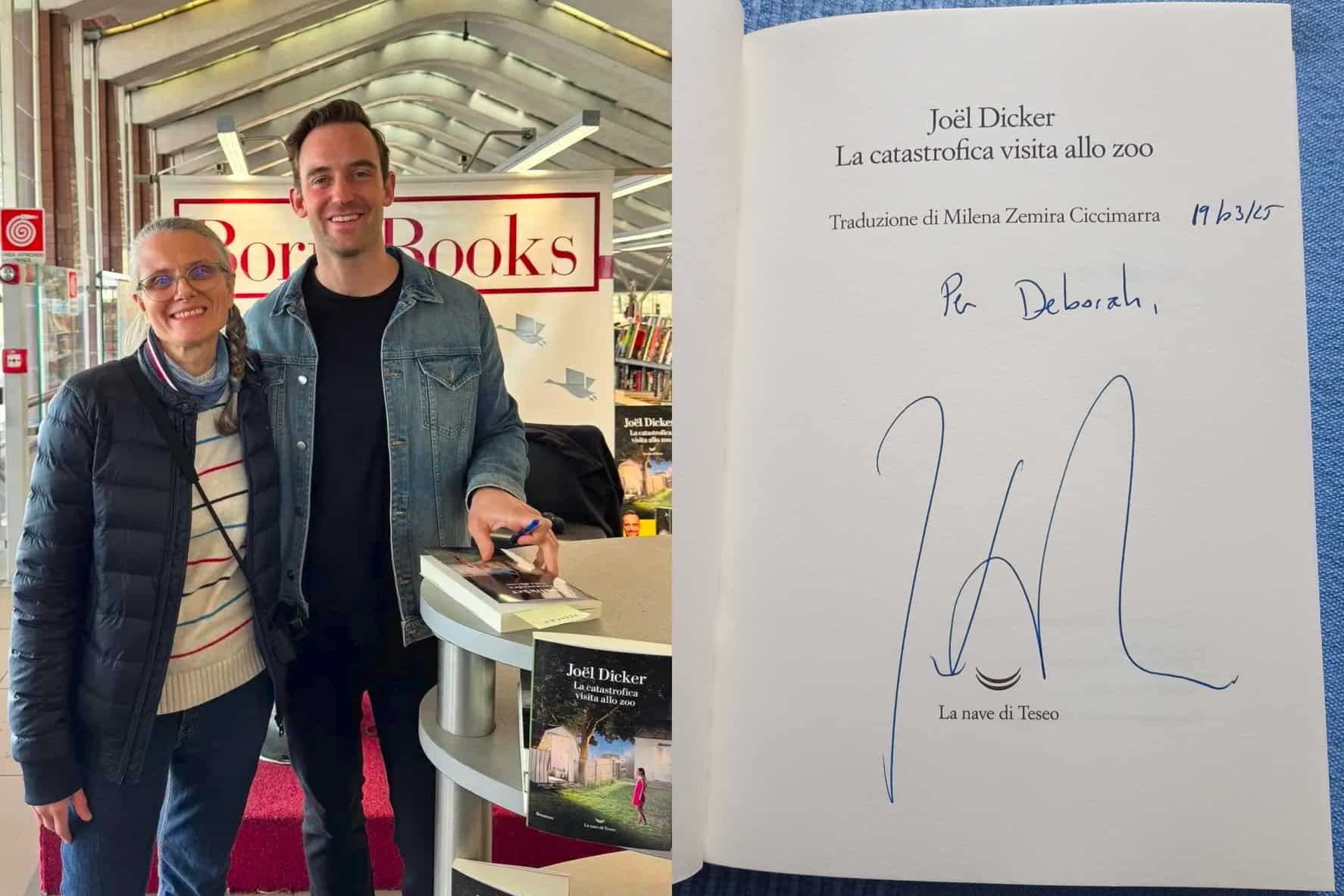 Close-up of Joël Dicker’s handwritten dedication and signature inside an Italian edition of La catastrofica visita allo zoo.