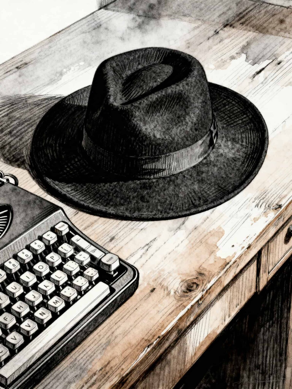 Terry Pratchett illustration black fedora on desk with typewriter